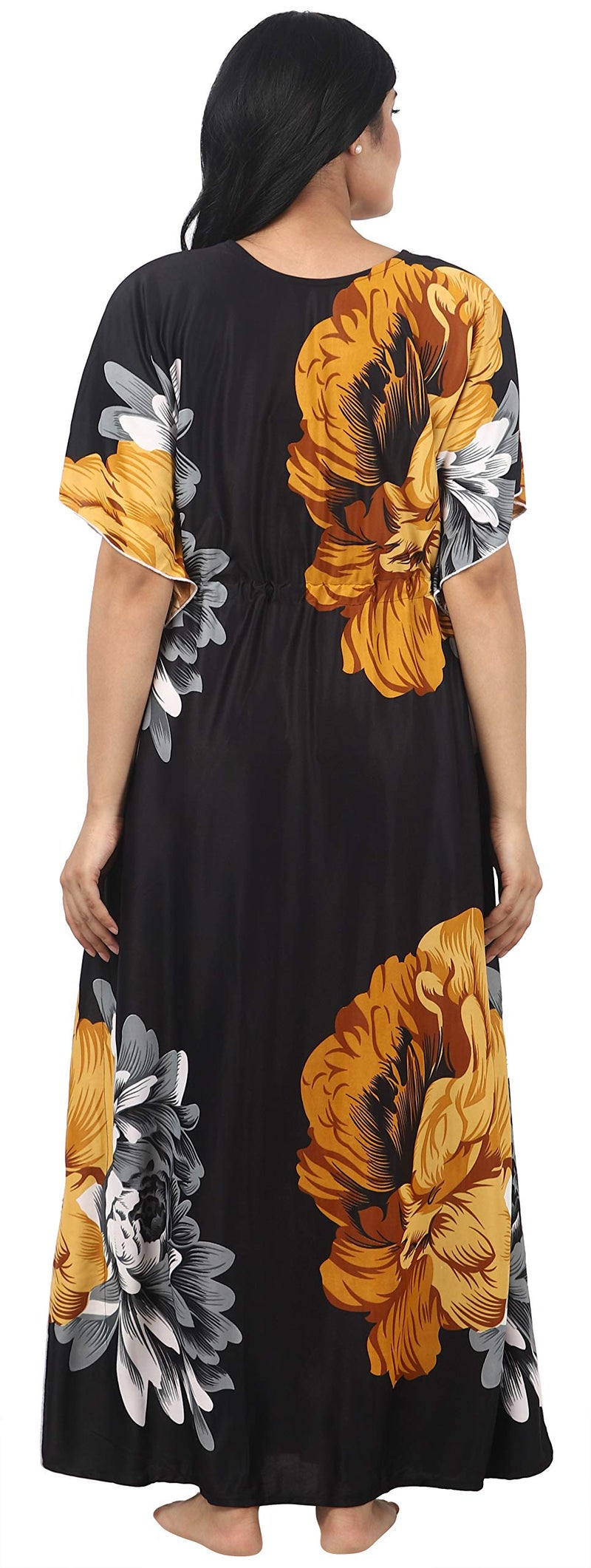 Noty Store Noty Women's Kaftan Nighty | Serena Fabric | Floral Print Maxi | Short Sleeves | V Shaped Neck (Free Size, Mustard & Black) - Image 5
