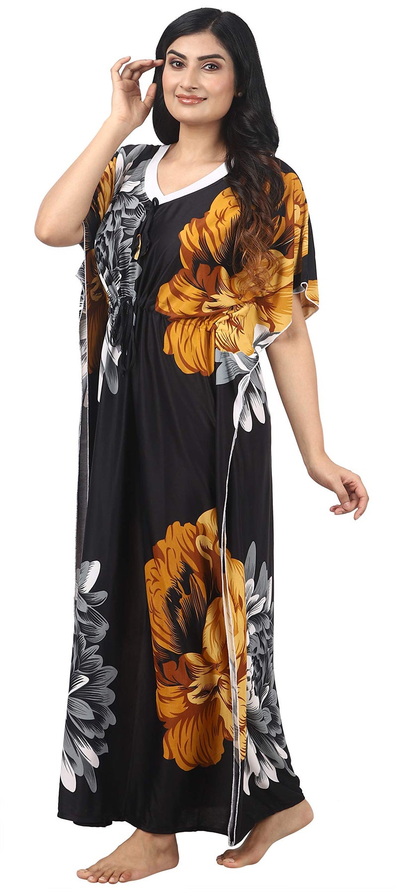 Noty Store Noty Women's Kaftan Nighty | Serena Fabric | Floral Print Maxi | Short Sleeves | V Shaped Neck (Free Size, Mustard & Black) - Image 3