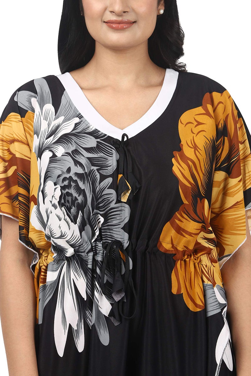 Noty Store Noty Women's Kaftan Nighty | Serena Fabric | Floral Print Maxi | Short Sleeves | V Shaped Neck (Free Size, Mustard & Black) - Image 2