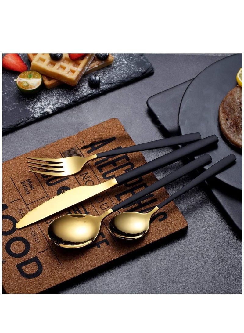 KASTWAVE Flatware Cutlery Set, Royal 4 Piece Matte Black Gold Stainless Steel Tableware Sets for 1 Including Forks Spoons Knives, Camping Silverware Travel Utensils Set Cutlery - Image 2