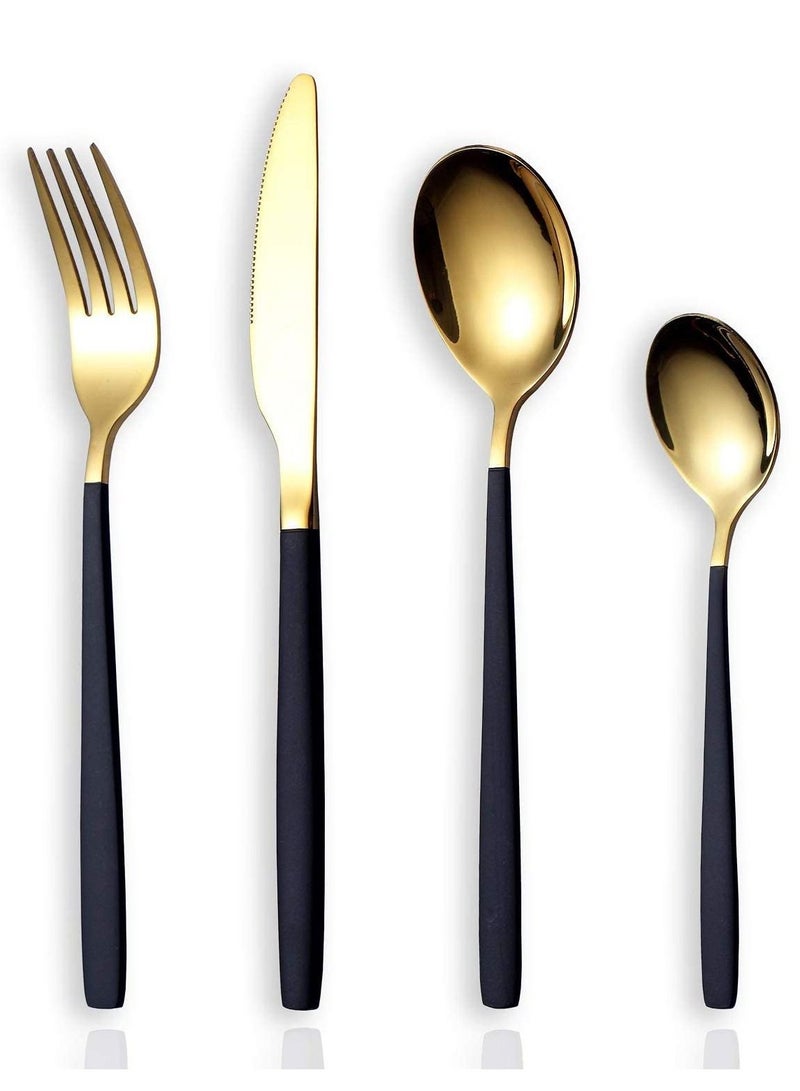 KASTWAVE Flatware Cutlery Set, Royal 4 Piece Matte Black Gold Stainless Steel Tableware Sets for 1 Including Forks Spoons Knives, Camping Silverware Travel Utensils Set Cutlery - Image 1