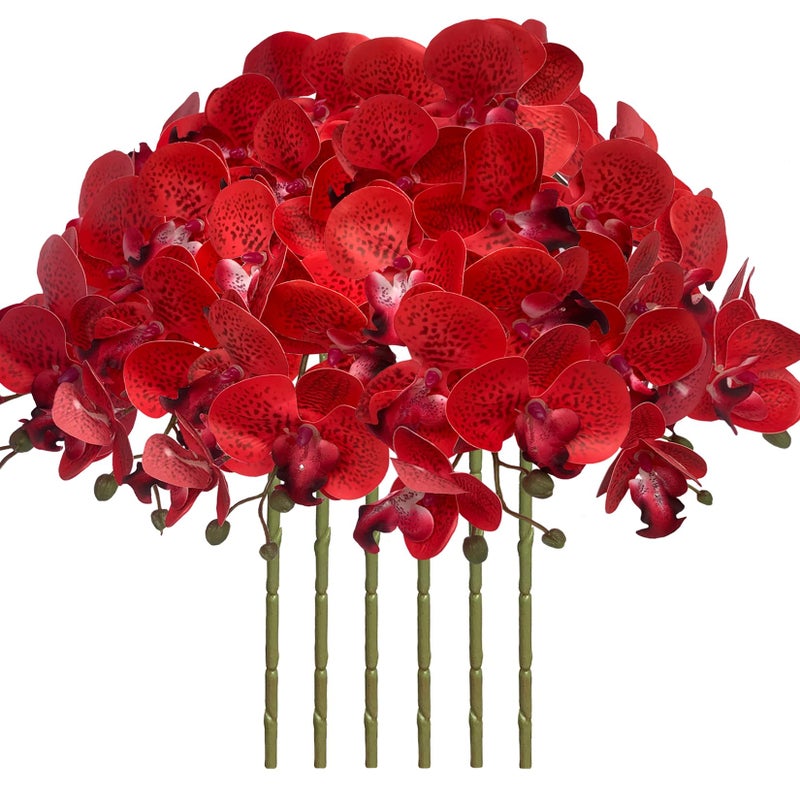 FagusHome 32 Inch Artificial Phalaenopsis Flowers 6 Pcs Artificial Orchid Flowers Stem Plants for Home Dcor Red Piebald