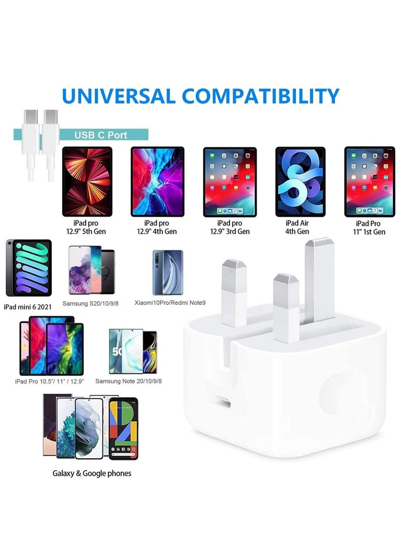 USB-C Fast Charger For iPhone 15, iPad Pro 12.9), USB C to USB C Cable Fast Wall Charger & Plug Adapter (For iPad Pro 11 inch 2021/2020/2018,) iPad Mini 6th, (Pixel 6/5/3XL/Galaxy (1m) - Image 2
