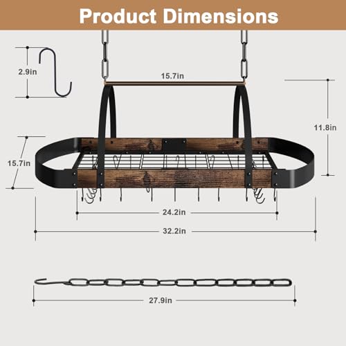 Chloraeon Hanging Pot Rack32Inch Ceiling Pot Rack for KitchenSpaceSaving Pot Hanger with 16 Detachable S HooksSturdy Metal FrameIndustrial Stylefor Pot Pan StorageSpaceSaving - Image 3