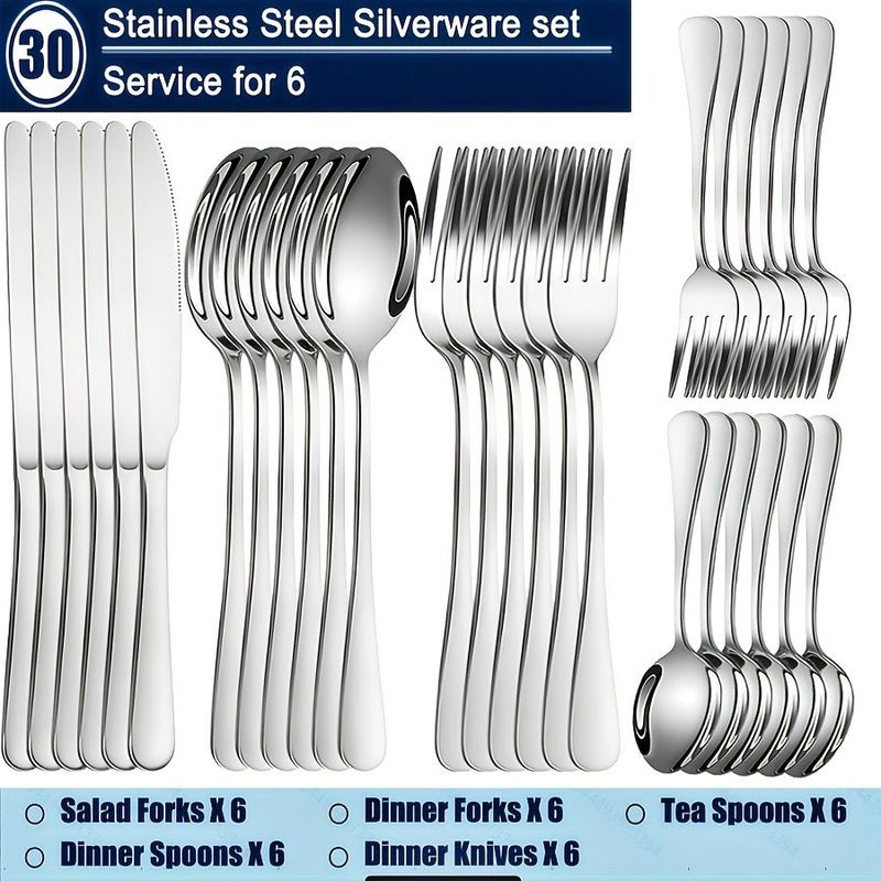 30 Pieces Stainless Steel Cutlery Set Silvery For 6 People Mirror Polish Dishwasher Safe Easy Clean Home Restaurant Banquet Outdoor Hotel Party Wedding - Image 1