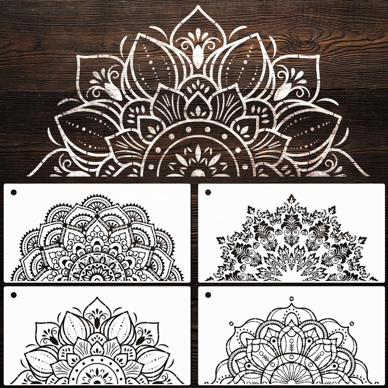 YKW 4 Pack Mandala Stencils for Painting - Reusable Large Mandala Templates - 14.5x7.7 Patterns for Wall, Fabric, Wood, Heterosexual Stone - DIY Home Decor Art Craft Supplies, Translucent and Soft - Image 1