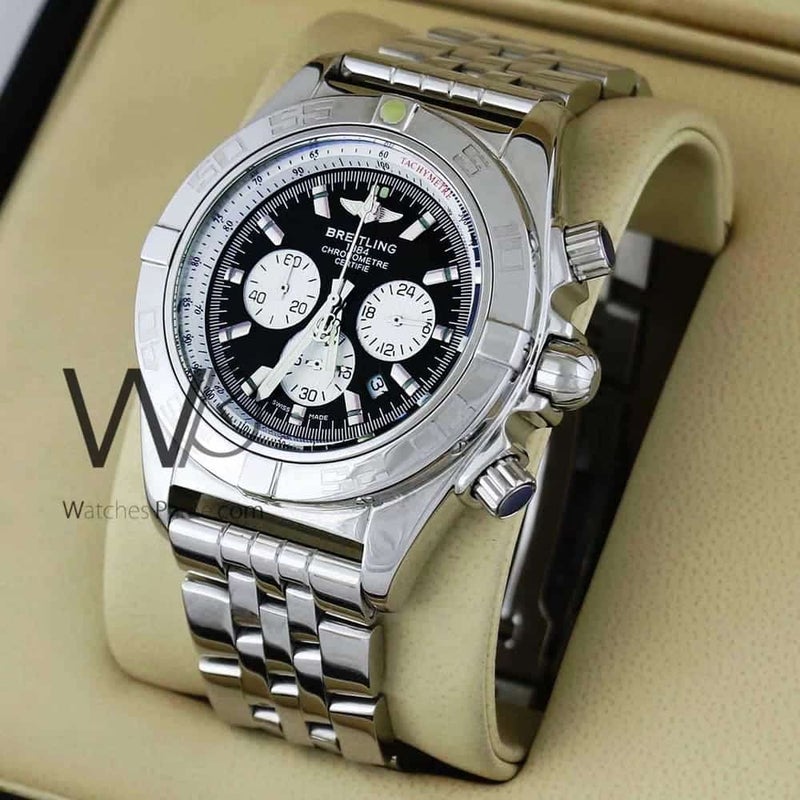 Breitling Chronograph Black Watch with Silver Stainless steel strap for Men