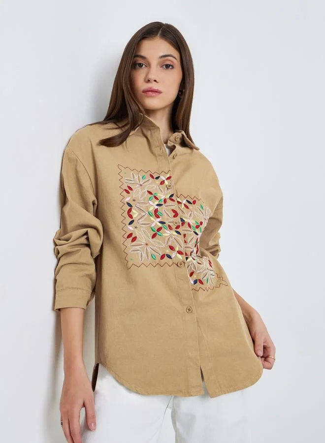 Styli Women Khaki Embroidered Floral Long Sleeve Shirt