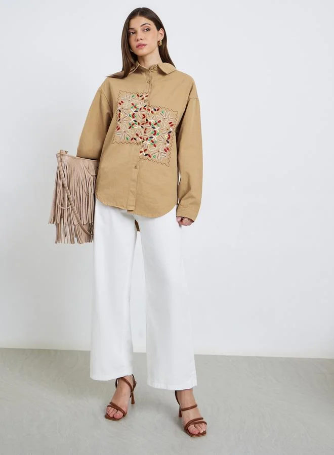 Styli Women Khaki Embroidered Floral Long Sleeve Shirt