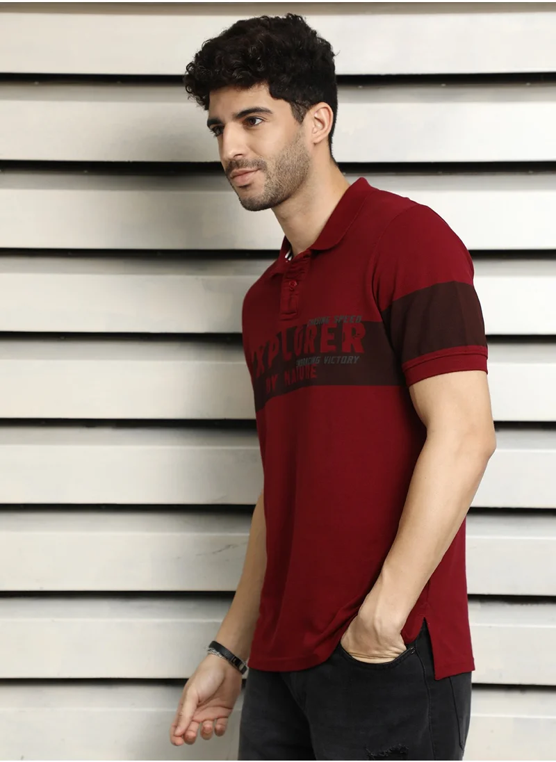 هاي ستار Regular Fit Maroon Polo T-Shirt for Men with Color Block Design