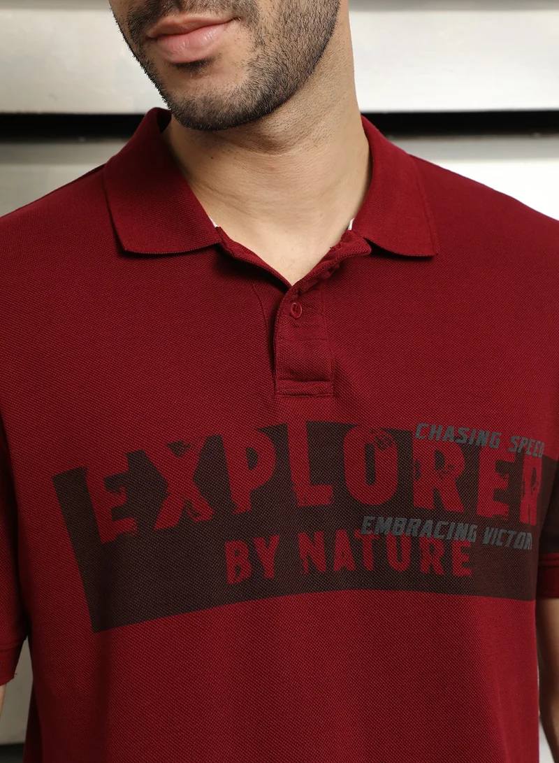 هاي ستار Regular Fit Maroon Polo T-Shirt for Men with Color Block Design