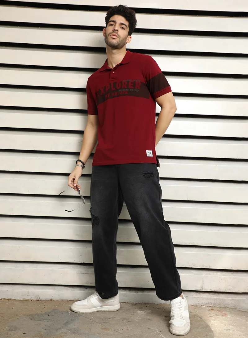 هاي ستار Regular Fit Maroon Polo T-Shirt for Men with Color Block Design