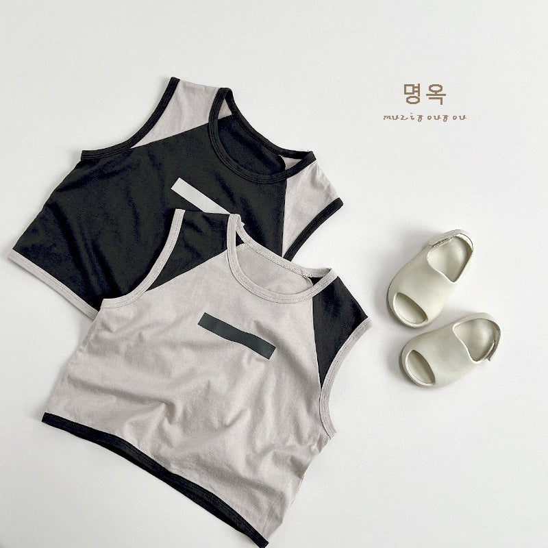 Tonal ~ boys and girls tide cool vest T-shirt summer new children's Korean Japanese personality color matching baby jacket - Image 2