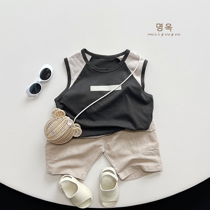Tonal ~ boys and girls tide cool vest T-shirt summer new children's Korean Japanese personality color matching baby jacket - Image 3