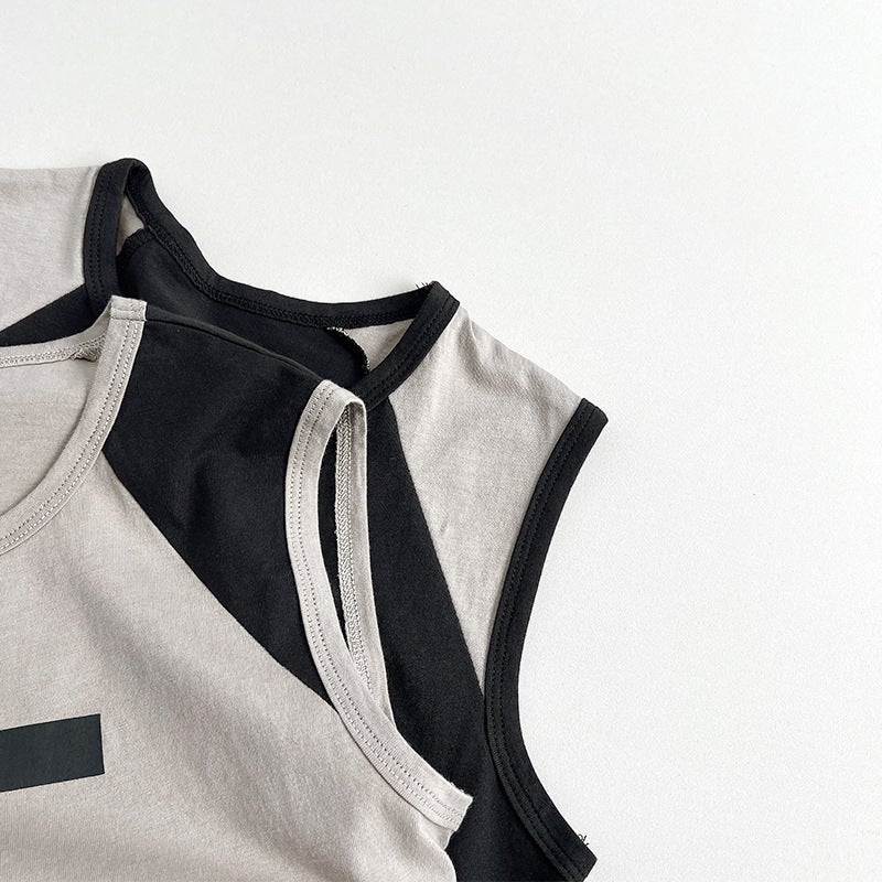 Tonal ~ boys and girls tide cool vest T-shirt summer new children's Korean Japanese personality color matching baby jacket - Image 5