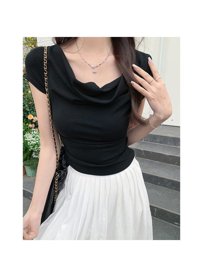 Song Feng Ya Design Sense Niche Swing Collar Top Women's Short-sleeved T-shirt Short Shoulder Irregular Hot Girl Slim-fit Slimming Summer 