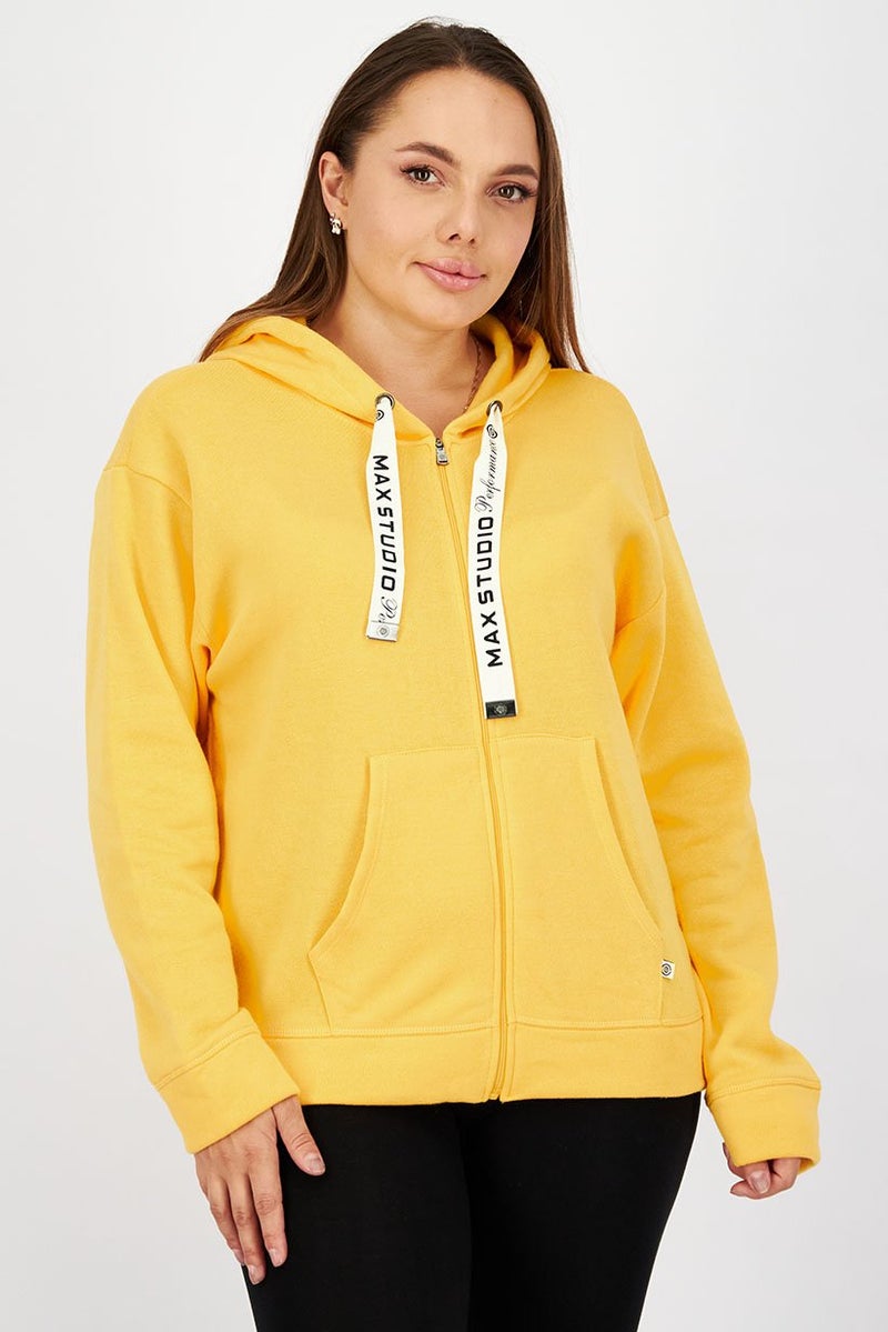 Max Studio Women Hood With Drawstring Plain Full Zip Sweatshirt, Yellow - Image 1