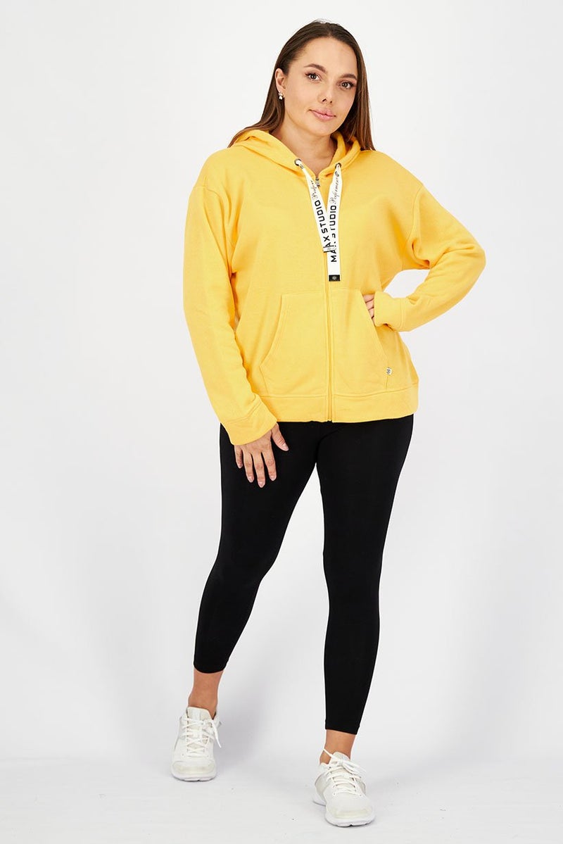 Max Studio Women Hood With Drawstring Plain Full Zip Sweatshirt, Yellow - Image 2