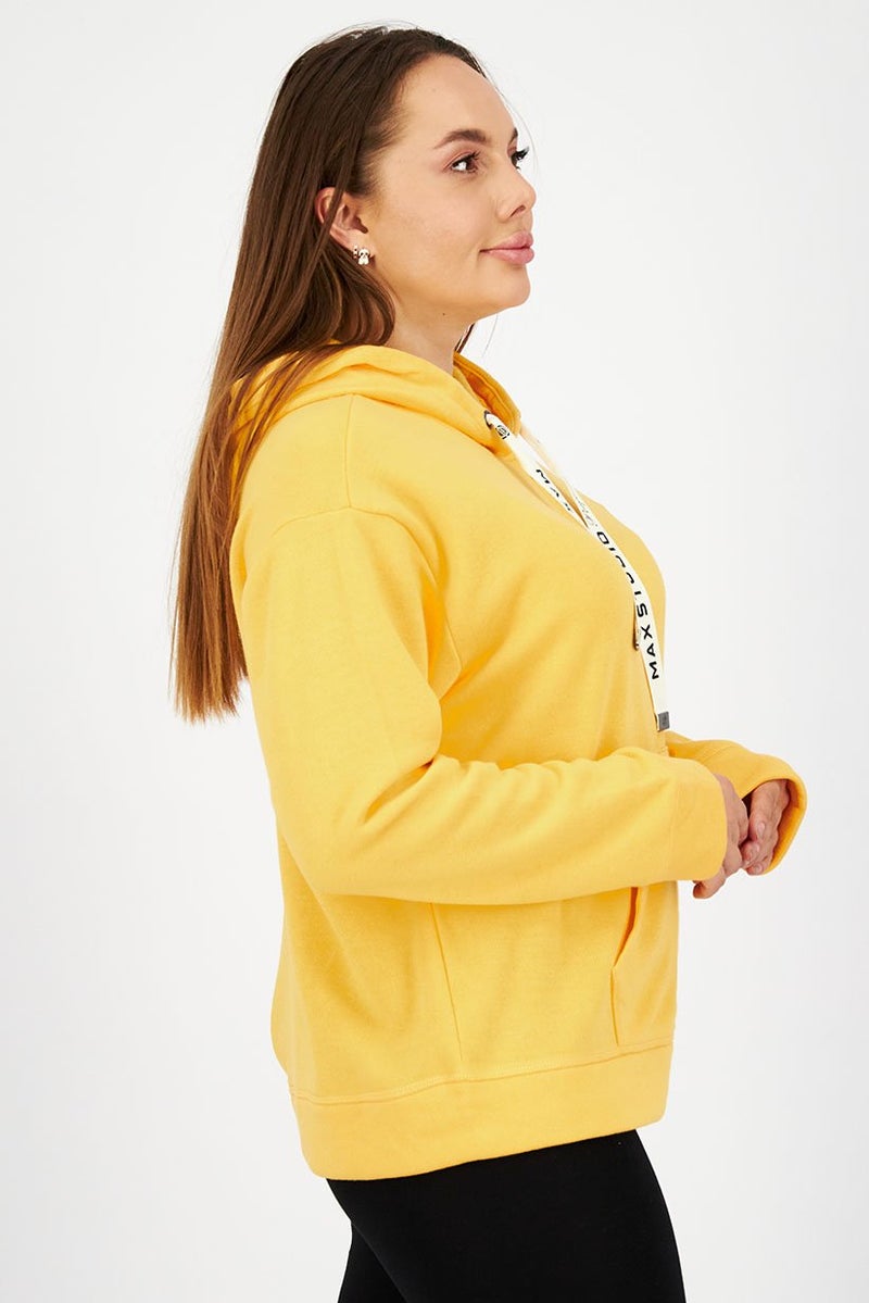 Max Studio Women Hood With Drawstring Plain Full Zip Sweatshirt, Yellow - Image 3
