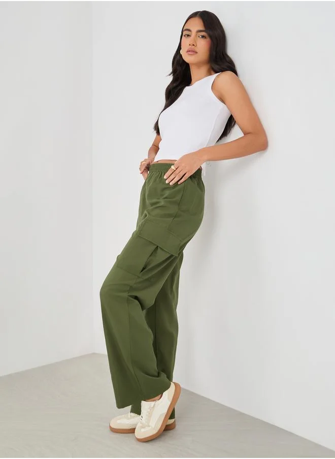 تايك تو Take Two Women Green Solid Elasticated Waistband Cargo Pants