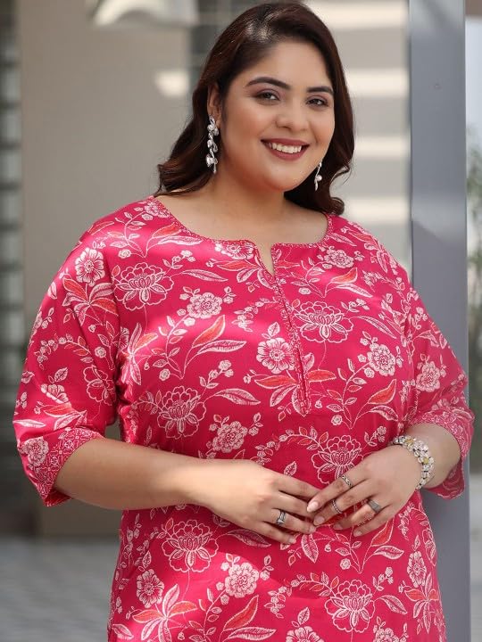 MEERA FAB Plus Size Floral Printed Pure Cotton Kurta With Palazzo & Dupatta - Image 4