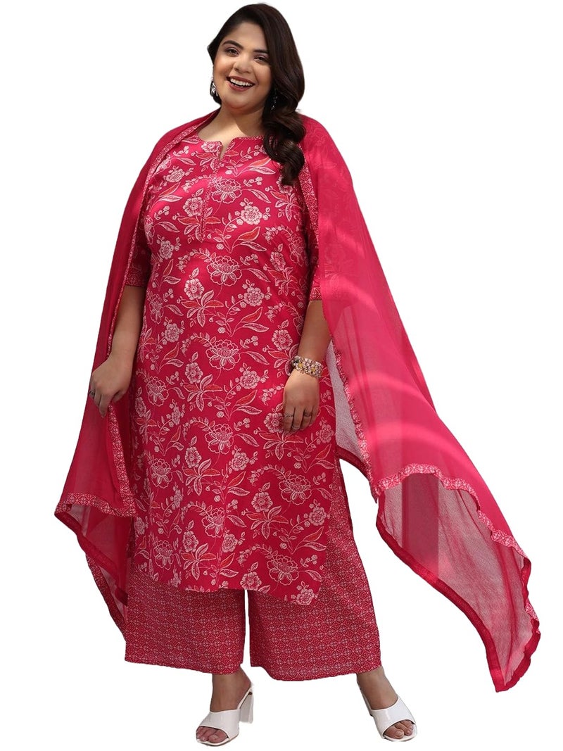 MEERA FAB Plus Size Floral Printed Pure Cotton Kurta With Palazzo & Dupatta - Image 1