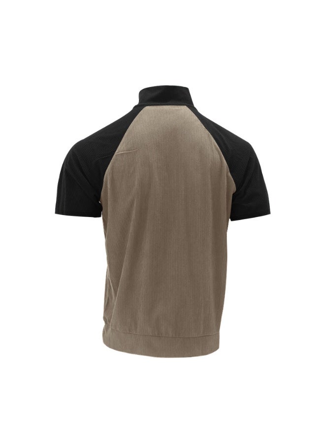 Spring/Summer  Men's Outdoor Raglan Sleeves Casual Stand up Neck Loose Corduroy Colored Short Sleeve - Image 2