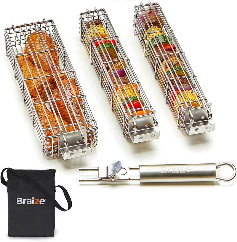Kabob Grilling Baskets  Set of 3 Stainless Steel BBQ Baskets 12 x 2 x 2 with Removable Handle and Latching Lid  Great for Grilling Vegetables or Meat Over Campfires and Outdoor Grills