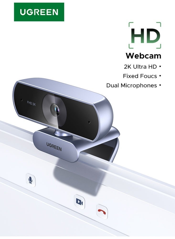 Ugreen 2K HD Webcam with Privacy Cover for PC/Laptop, Dual Mic Stereo Audio USB webcam for pc 2K 30fps/1080P 60fps, Low-Light Correction 80° FOV, for Mac Windows YouTube, Zoom, Skype, Support Tripod Grey