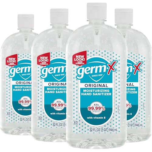 Germ-X جيرم-إكس معقم يدين أصلي، 32 أونصة سائلة (عبوة من 4)، جل مرطب أقل جفافًا مع فيتامين E، تركيبة بدون شطف، زجاجة كبيرة بحجم العائلة مع غطاء قابل للفتح - Image 2