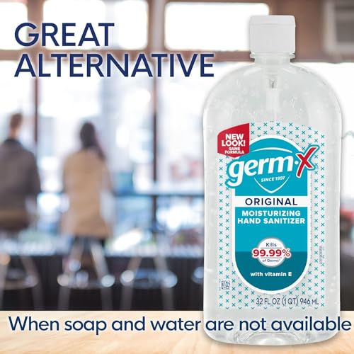 Germ-X جيرم-إكس معقم يدين أصلي، 32 أونصة سائلة (عبوة من 4)، جل مرطب أقل جفافًا مع فيتامين E، تركيبة بدون شطف، زجاجة كبيرة بحجم العائلة مع غطاء قابل للفتح - Image 4