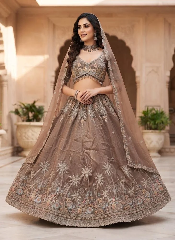 Viny VINY Taupe 3-Piece Floral Embroidered Lehenga Set – Women's Indian Ethnic Wear