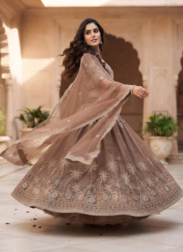 Viny VINY Taupe 3-Piece Floral Embroidered Lehenga Set – Women's Indian Ethnic Wear