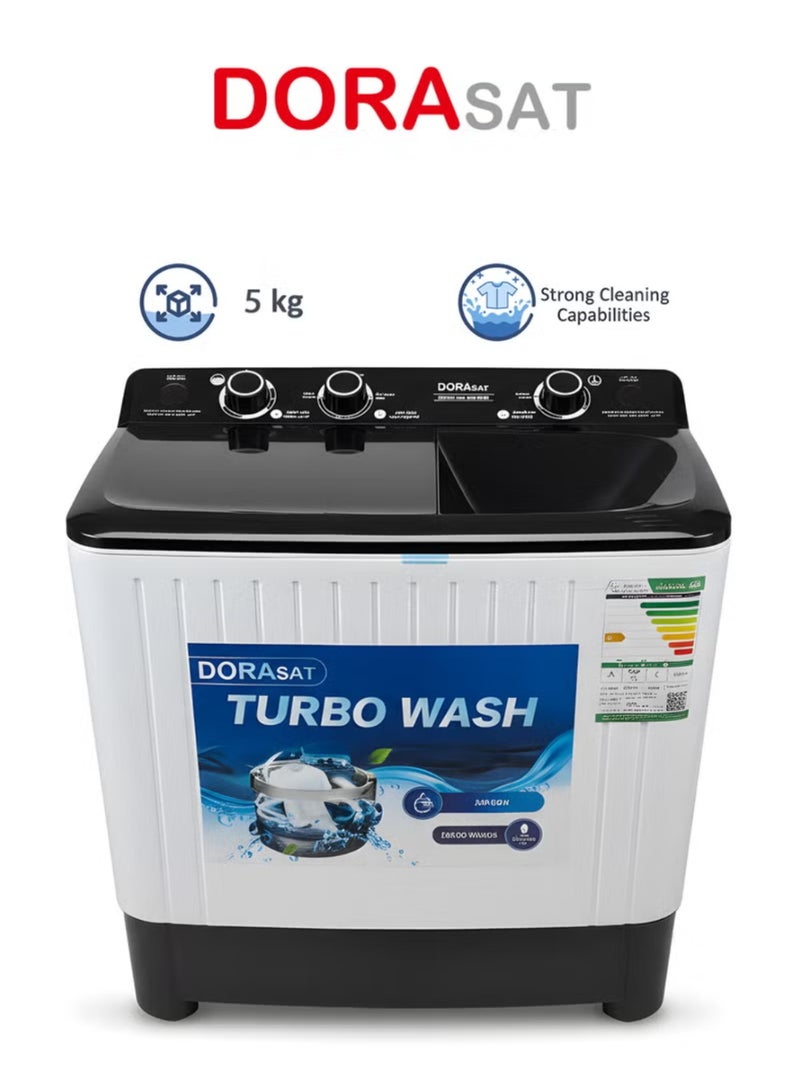 Dora Sat Twin Tub Washing Machine - Top Load - 5 kg - White/Black - DS5TWM - Image 1