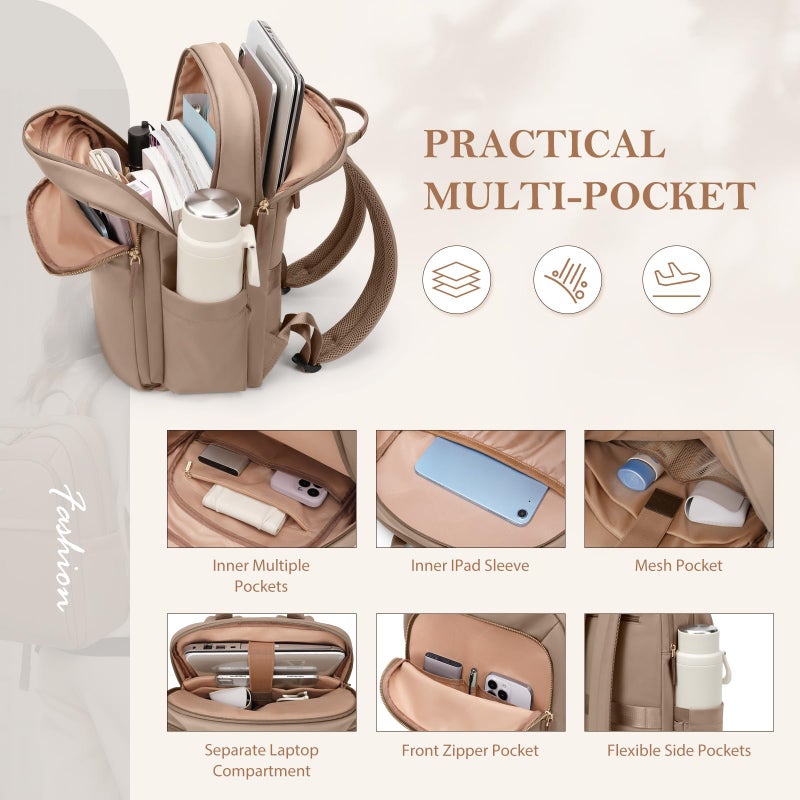 GOLF QUALITY Travel Backpack for Women Personal Carry On Bag Business Weekender Hiking Multilayer Laptop Bag,16 Inch,Champagne Brown - Image 2