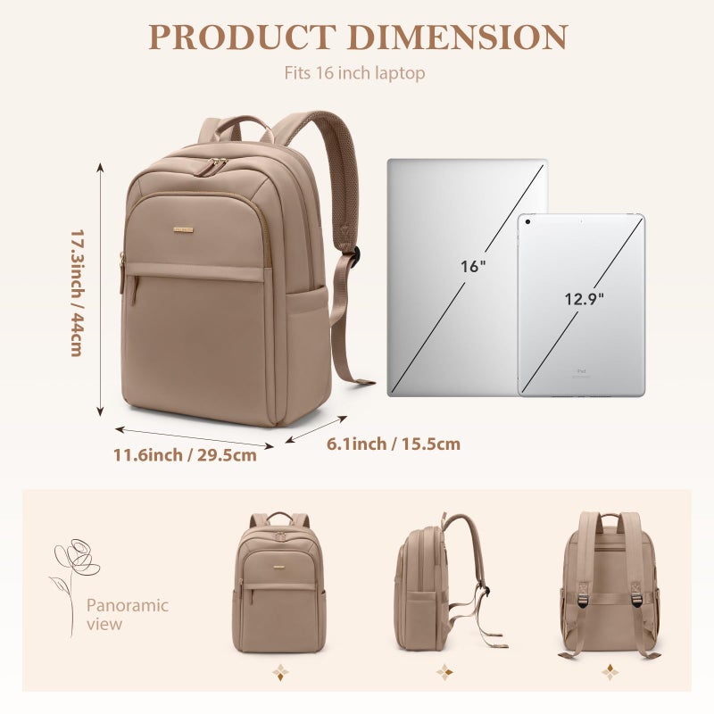 GOLF QUALITY Travel Backpack for Women Personal Carry On Bag Business Weekender Hiking Multilayer Laptop Bag,16 Inch,Champagne Brown - Image 4
