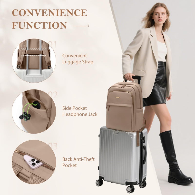 GOLF QUALITY Travel Backpack for Women Personal Carry On Bag Business Weekender Hiking Multilayer Laptop Bag,16 Inch,Champagne Brown - Image 3