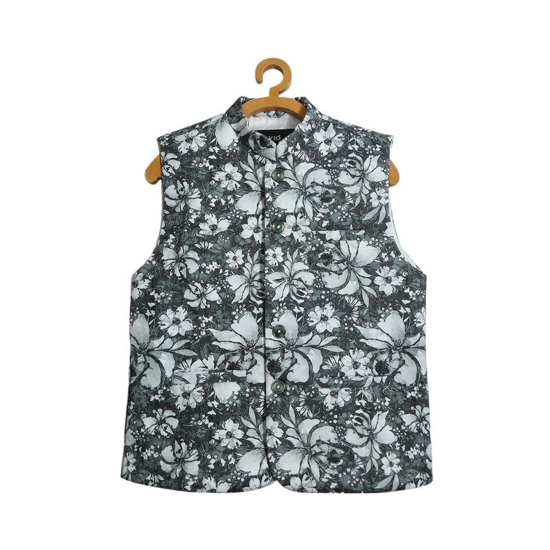 CAVIO Boys Green Traditional Floral Print Nehru Jacket - Image 4