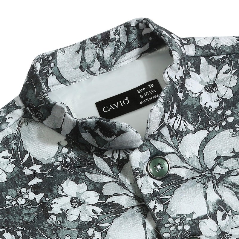 CAVIO Boys Green Traditional Floral Print Nehru Jacket - Image 2