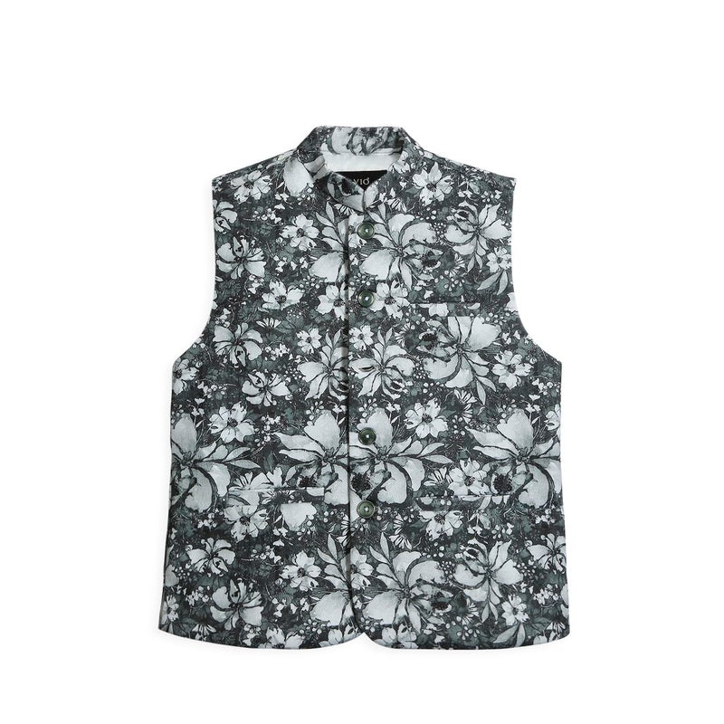 CAVIO Boys Green Traditional Floral Print Nehru Jacket - Image 1