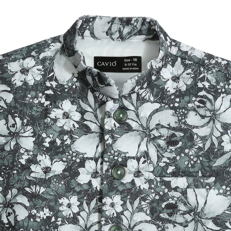 CAVIO Boys Green Traditional Floral Print Nehru Jacket - Image 3