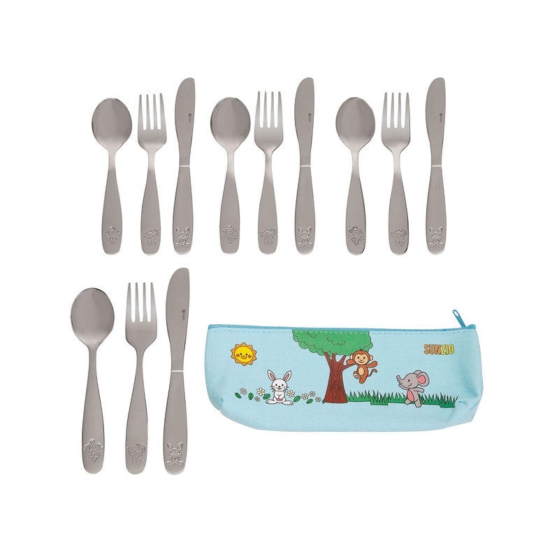 SunZio Kids Silverware Set 1810 Stainless Steel 12 Piece Cutlery Set with 4 Forks 4 Spoons 4 Small Knives Toddler Metal Travel Utensils with Case Child Safe Flatware Dishwasher Safe 1 Set