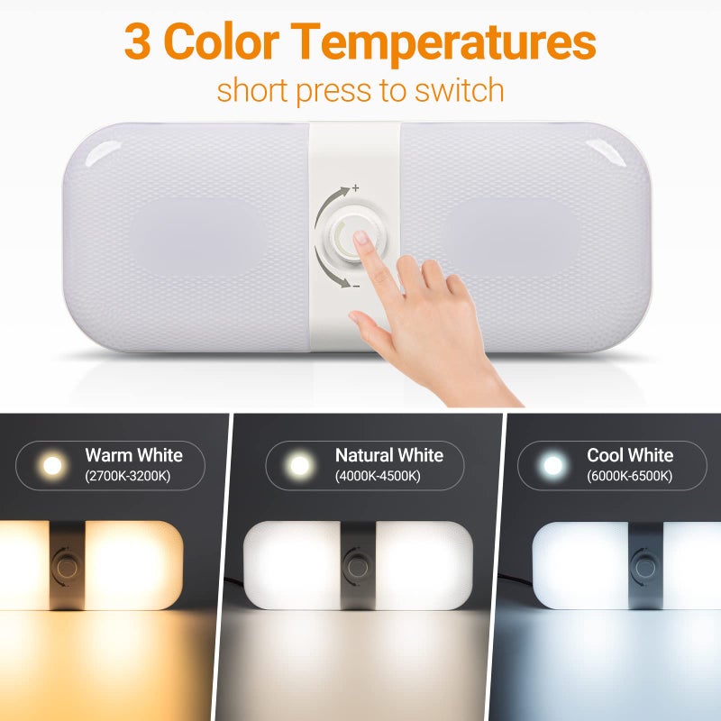 CT CAPETRONIX RV Lights Interior 1700LM, 3 Color TEM Camper Lights, Dimmable 12v Volt Led Lights Fixture, Ceiling Dome Light w Switch for Camper/Car/Trailer/Boat (Warm Cool Natural White) 2Pack - Image 2