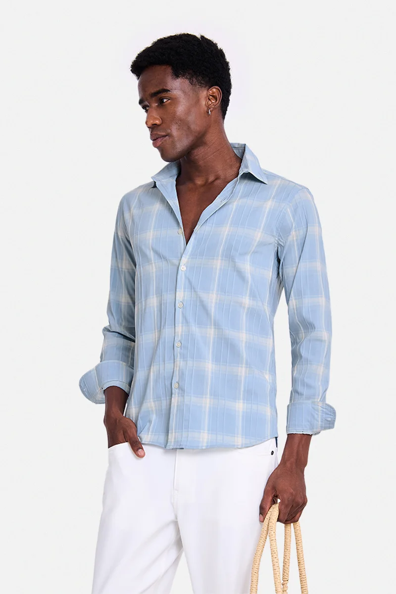 SNITCH Light Blue Checkered Long Sleeve Slim Fit Shirt