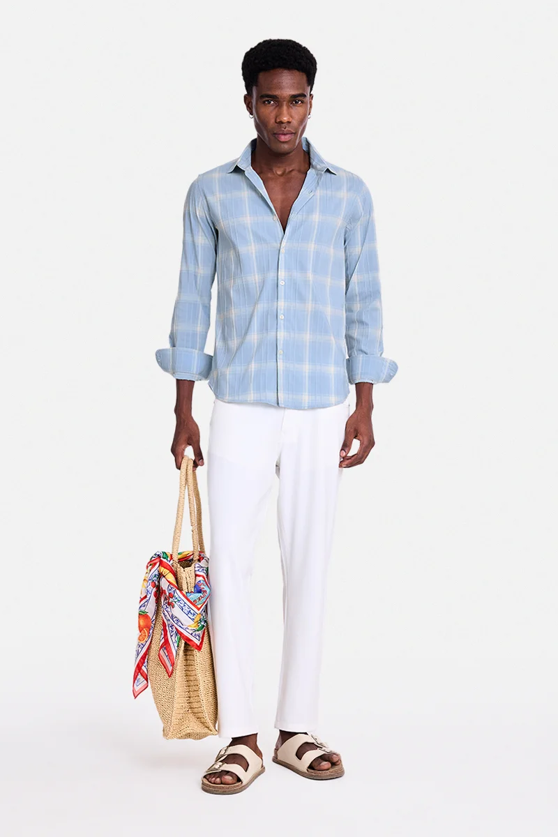 SNITCH Light Blue Checkered Long Sleeve Slim Fit Shirt