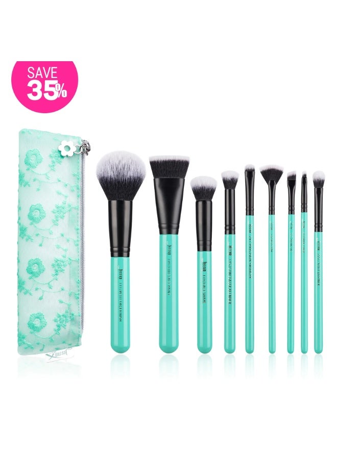 Jessup Turquoise 9PCS Essential Makeup Brush Kit with Storage Bag T321