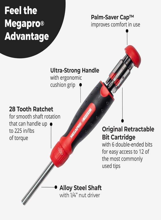 MEGAPRO® Original Ratcheting Multi-Bit Screwdriver with ¼” Hex Shaft | Phillips, Torx, Flat, Square | Trades Screwdriver - Image 3