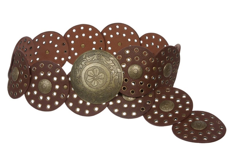 Beltiscool 3 1/2" (90 mm) Wide Ladies Wide Boho Disc Concho Leather Belt, Tan | XL - 48 END-TO-END - Image 2