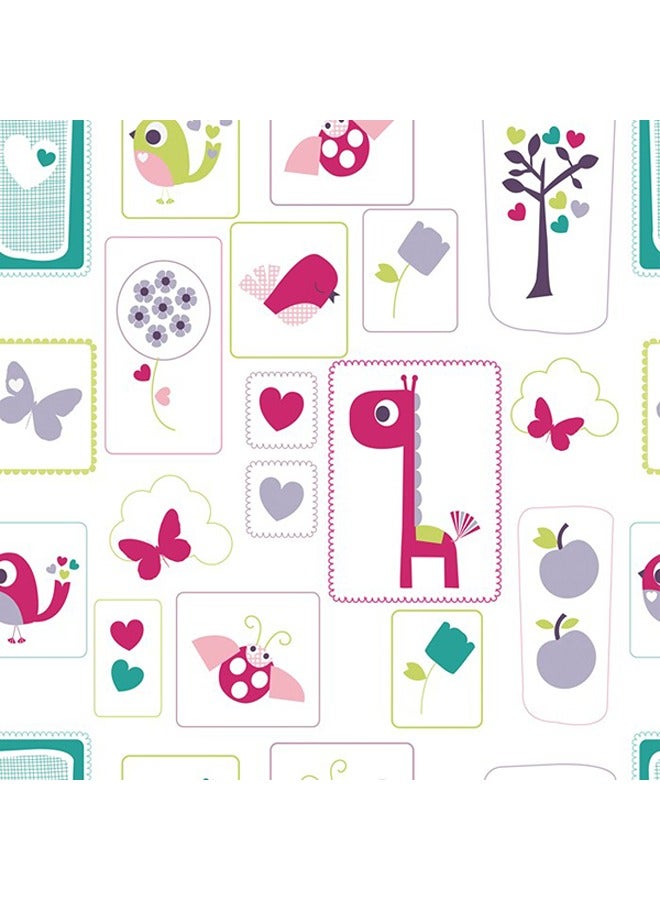 JAMEEL Whimsical Animal And Nature Blocks Wallpaper - Multi-Color Framed Cartoon Animals And Botanical Designs on White - Charming Wall Decor for Kids' Bedrooms, Nurseries And Play Areas  - Image 1