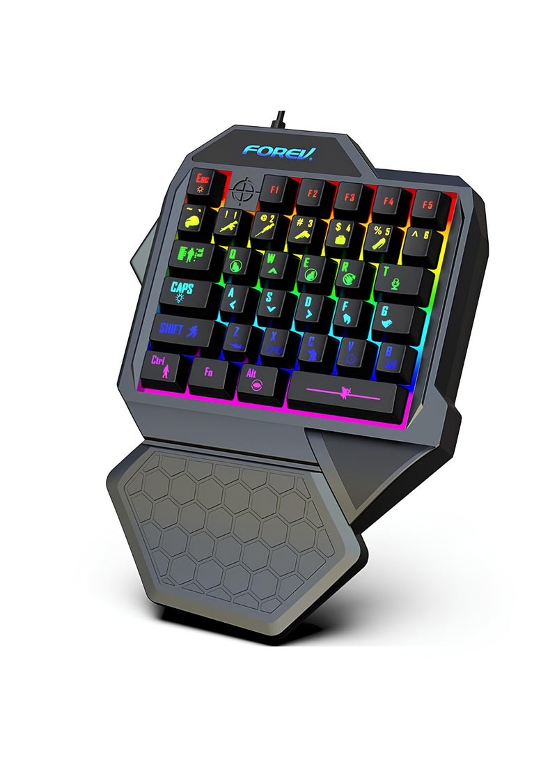 Forev F6 One-Handed Gaming Keyboard - Rainbow Backlight - 35 Keys - 20 Million Keystroke Lifespan - Ergonomic Design - Connectivity - USB 2.0 - Black - Image 1
